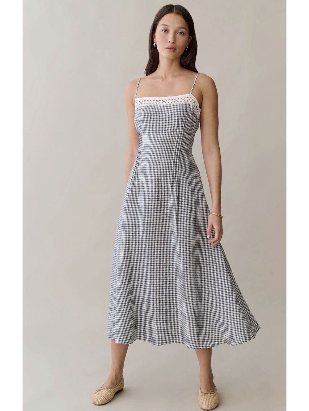 NWT o.p.t by Few Moda Tanya Linen Dress Size 12 Teal Gingham Print A-Line Skirt